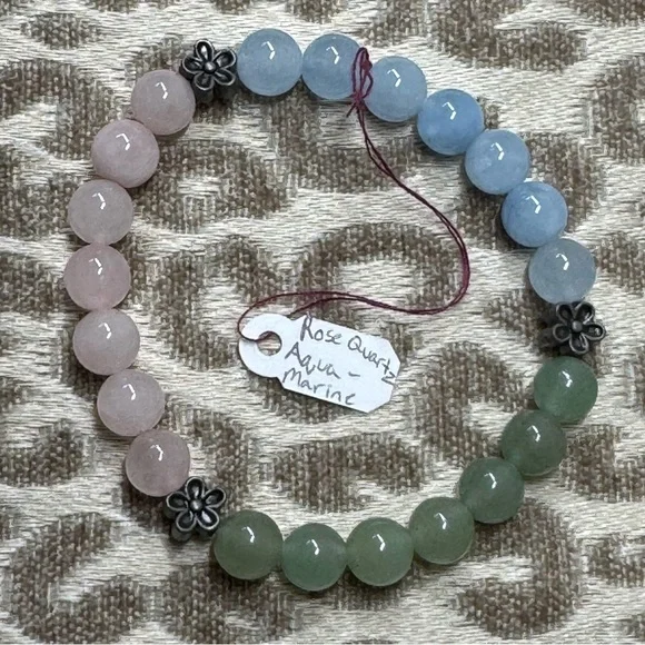 Rose Quartz - Aquamarine - New Jade- Natural Crystal Gemstone Stretch Bracelet - Picture 3 of 6